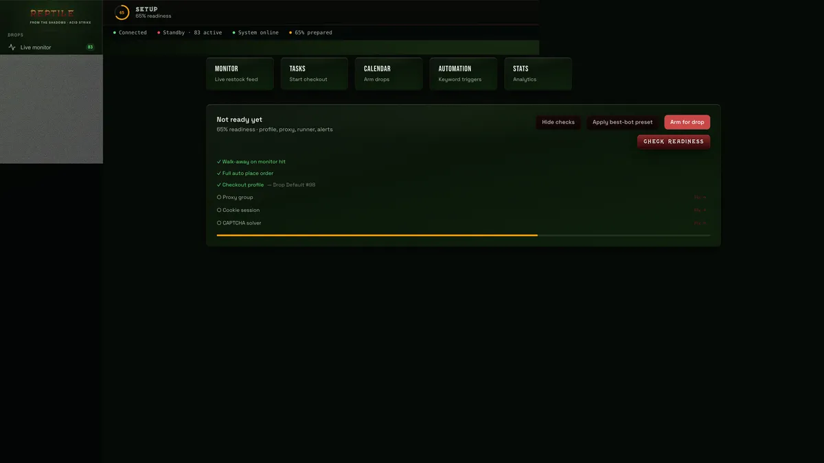 REPTILE setup dashboard with readiness checks