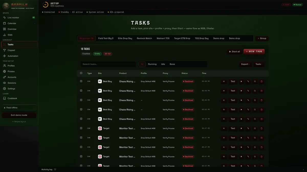 REPTILE desktop app — task list, store targets, and checkout controls